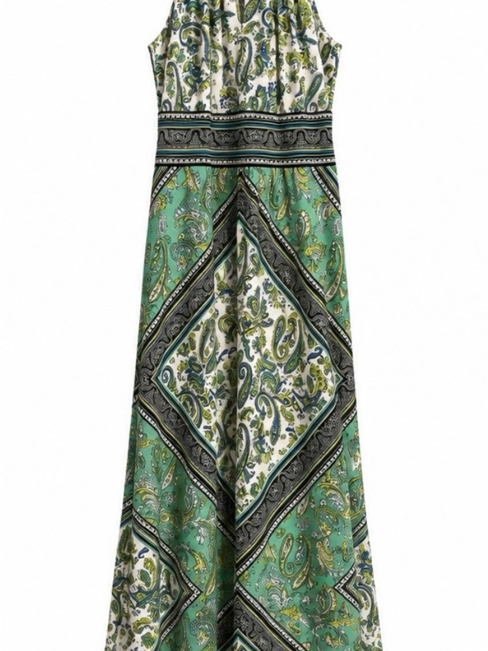 London Times - Green and White Paisley Halter Maxi Dress Size 8